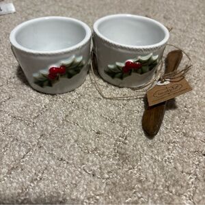 Mud Pie Set Of 2 Holly Tidbit Bowls And 1 Wooden Spreader